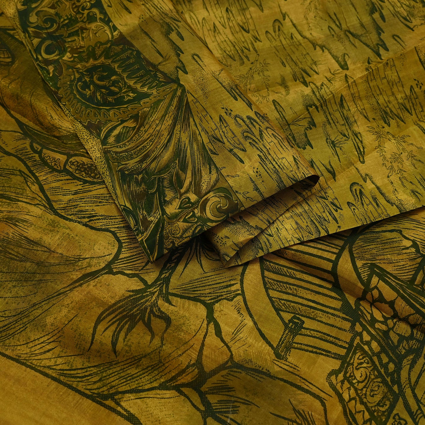 Indian Vintage Sari Green & Black Pure Silk Printed Sarees Craft Fabric 6yd Sewing Dress Making Soft Floral Crafting quilting