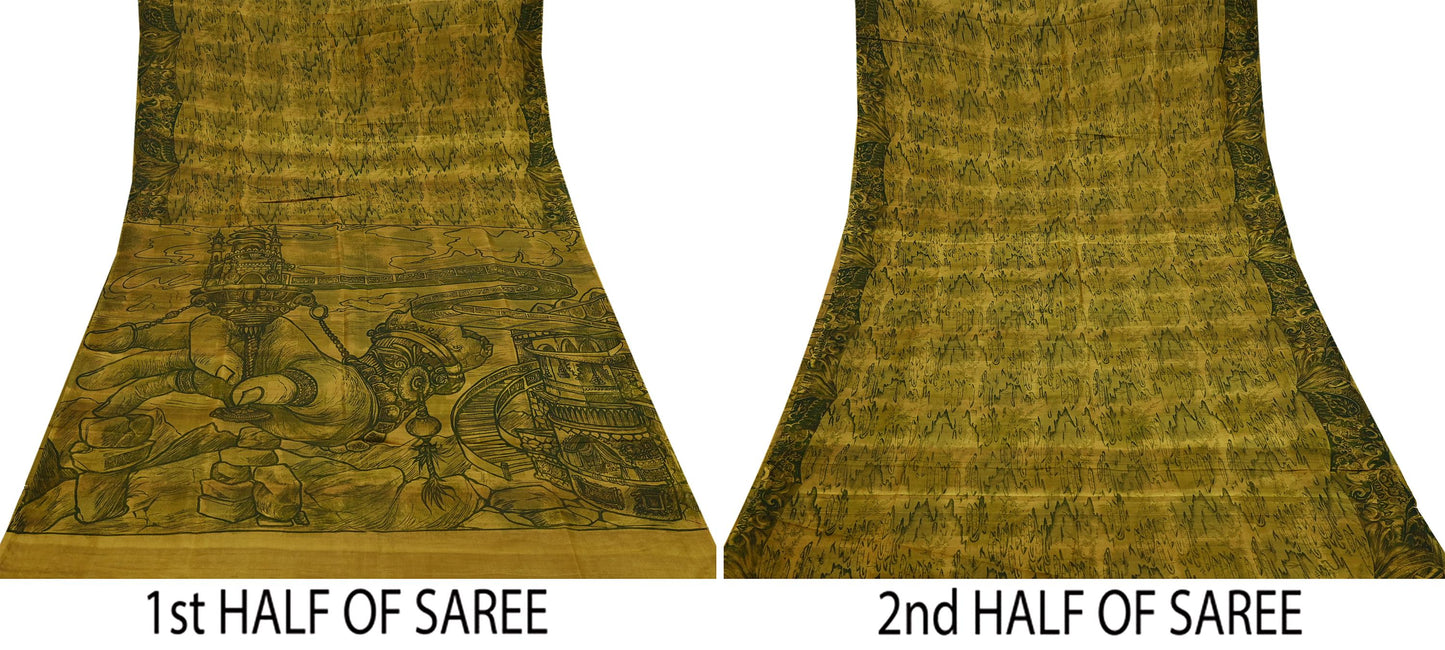 Indian Vintage Sari Green & Black Pure Silk Printed Sarees Craft Fabric 6yd Sewing Dress Making Soft Floral Crafting quilting