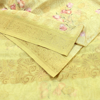 Indian Vintage Sari Beige Blend Silk Woven Digital Printed Saree Craft Fabric 6yd Sewing Soft Dress Designing Crafting Quilting Zari Border
