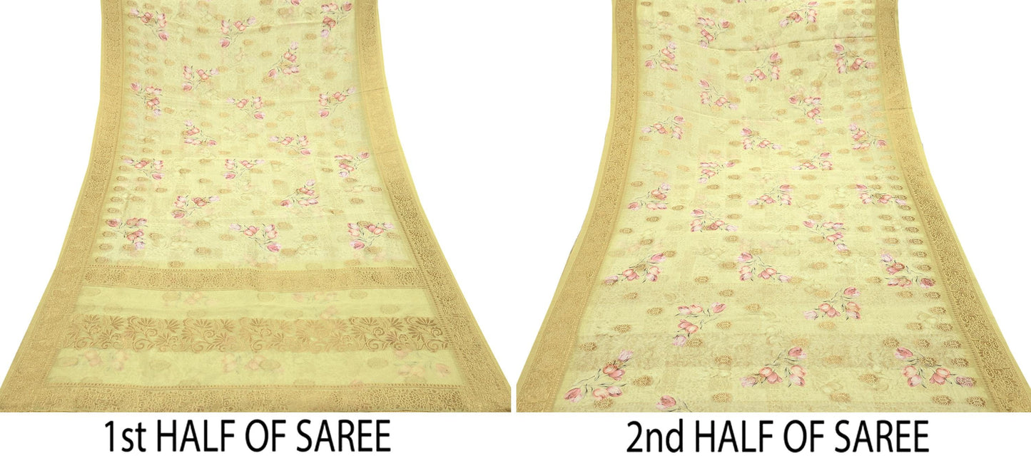 Indian Vintage Sari Beige Blend Silk Woven Digital Printed Saree Craft Fabric 6yd Sewing Soft Dress Designing Crafting Quilting Zari Border