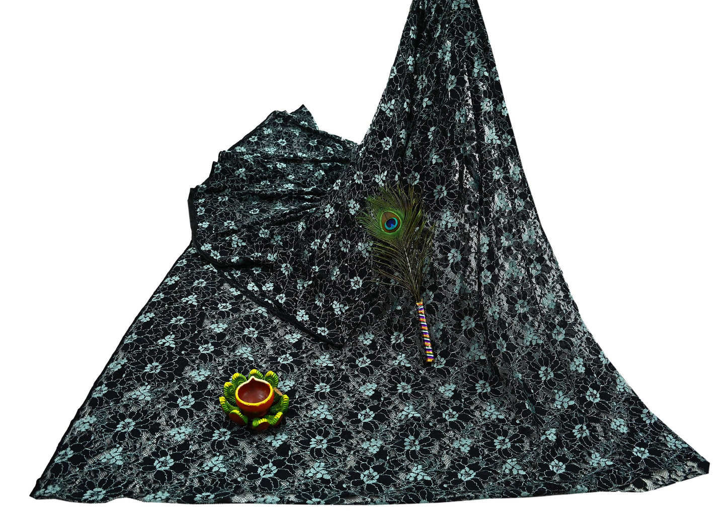 Indian Vintage Black Saree Net/Mesh Hand Embroidered Sari Craft Fabric Floral 7Yd Sewing Dress making Crafting Quilting Upcycle