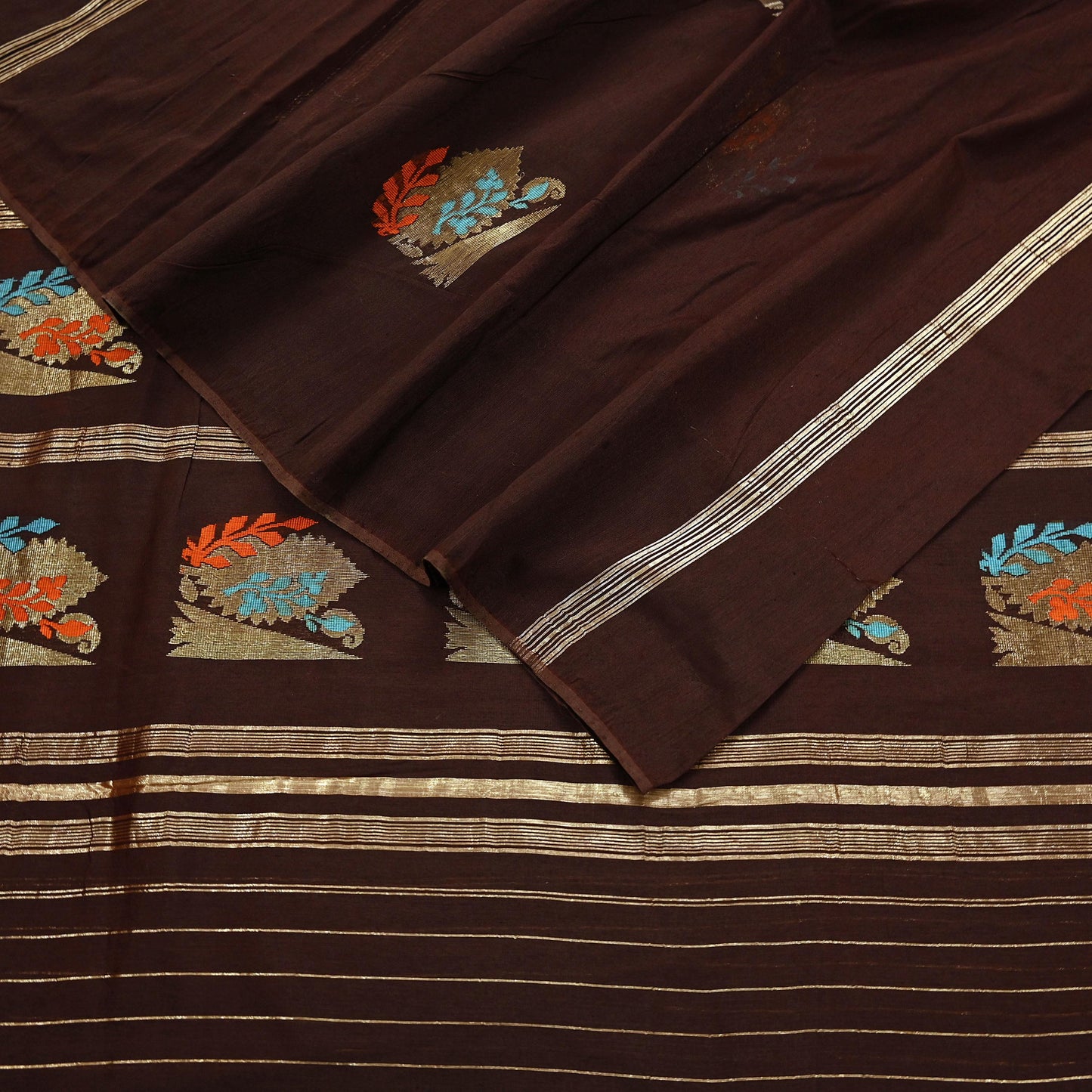 Indian Vintage Sari Brown Pure Silk Hand Woven Sarees Craft Fabric 5Yd Sewing Ethnic Floral Dress making For Crafting Quilting Upcycle