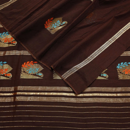 Indian Vintage Sari Brown Pure Silk Hand Woven Sarees Craft Fabric 5Yd Sewing Ethnic Floral Dress making For Crafting Quilting Upcycle