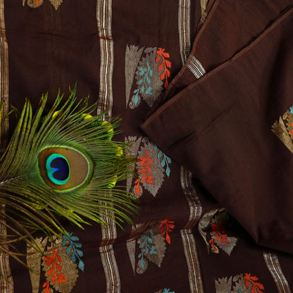 Indian Vintage Sari Brown Pure Silk Hand Woven Sarees Craft Fabric 5Yd Sewing Ethnic Floral Dress making For Crafting Quilting Upcycle