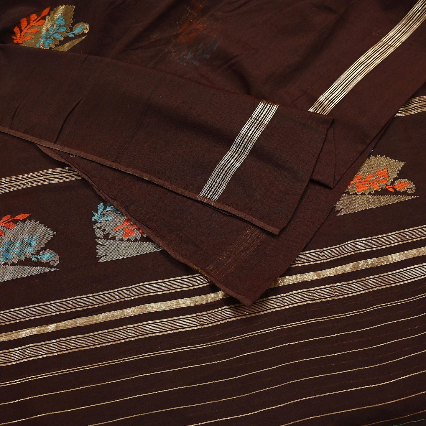 Indian Vintage Sari Brown Pure Silk Hand Woven Sarees Craft Fabric 5Yd Sewing Ethnic Floral Dress making For Crafting Quilting Upcycle