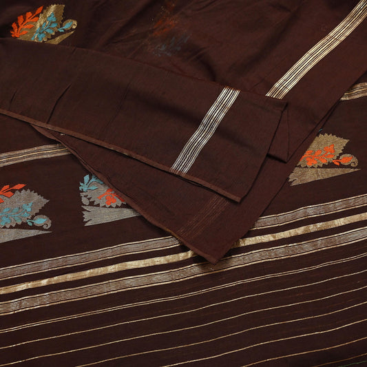 Indian Vintage Sari Brown Pure Silk Hand Woven Sarees Craft Fabric 5Yd Sewing Ethnic Floral Dress making For Crafting Quilting Upcycle
