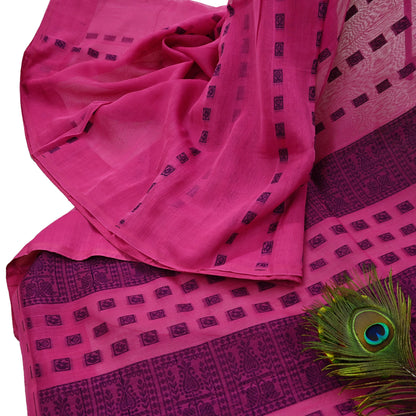 Indian Vintage Sari Pink Pure chanderi Silk Hand Woven Sarees Craft Fabric 5Yd Floral Soft Bollywood Sarees Crafting Upcycle