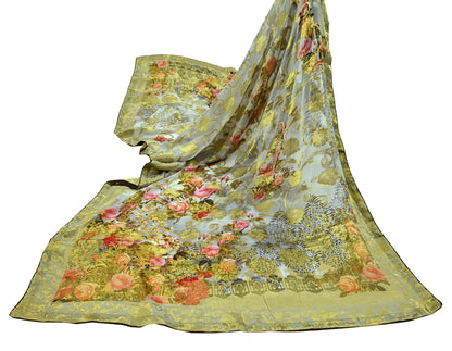 Indian Vintage Dupatta Gray Long Stole Blend Georgette Digital Printed Scarves Veil Hijab Wrap Floral Golden Zari