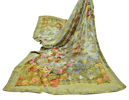 Indian Vintage Dupatta Gray Long Stole Blend Georgette Digital Printed Scarves Veil Hijab Wrap Floral Golden Zari