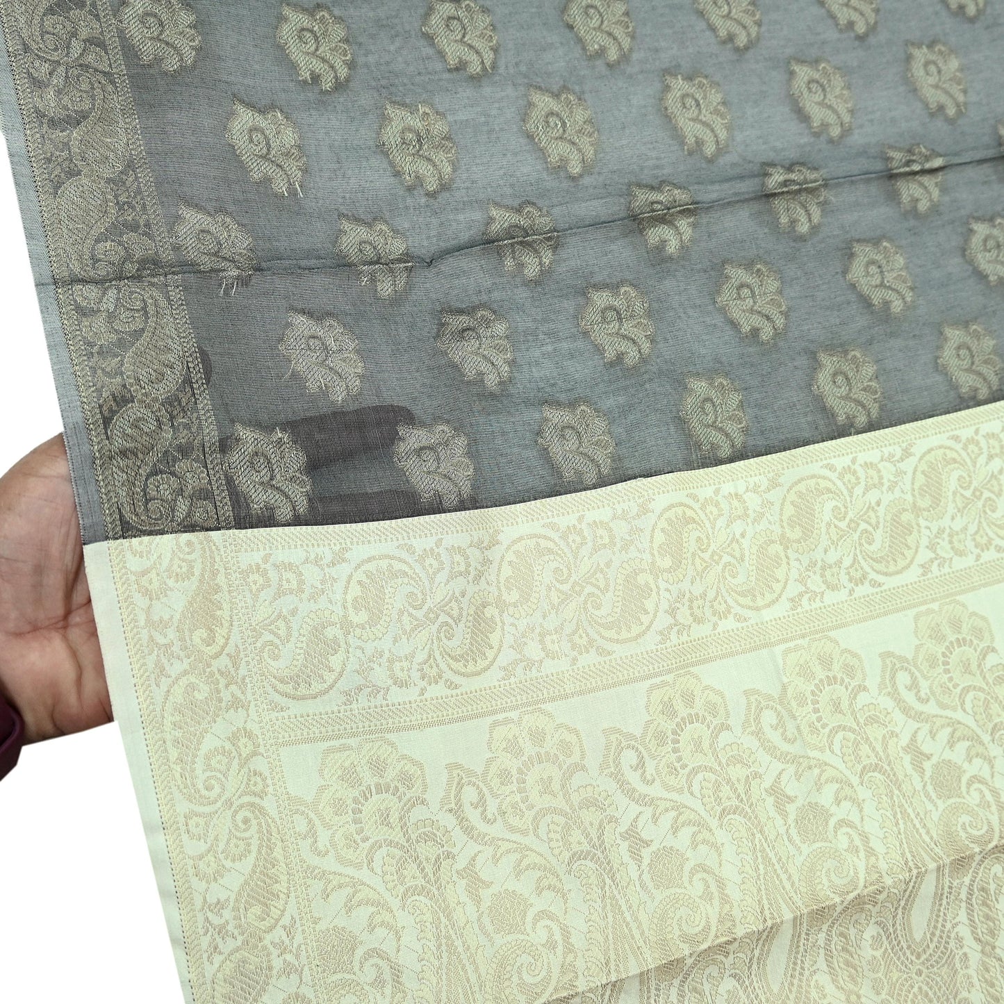 Indian Vintage Dupatta Gray & Ivory Long Stole Artificial Silk Woven Brocade Scarves Veil Scarf Wrap Hippie Boho Soft Floral