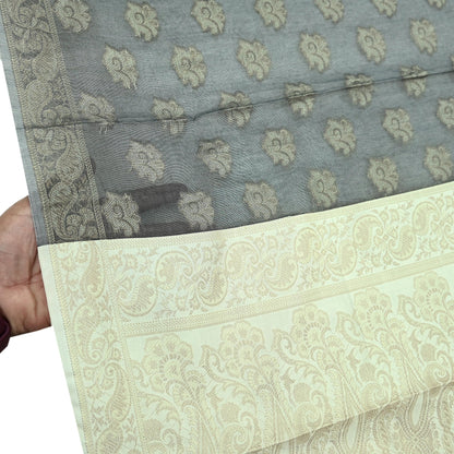 Indian Vintage Dupatta Gray & Ivory Long Stole Artificial Silk Woven Brocade Scarves Veil Scarf Wrap Hippie Boho Soft Floral
