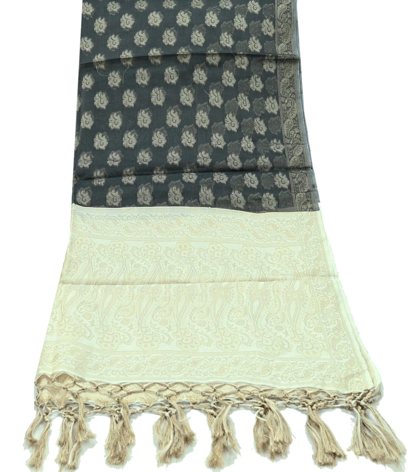 Indian Vintage Dupatta Gray & Ivory Long Stole Artificial Silk Woven Brocade Scarves Veil Scarf Wrap Hippie Boho Soft Floral