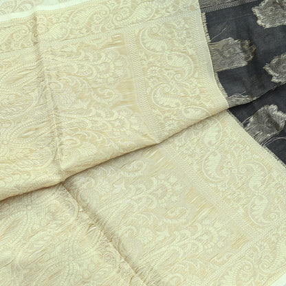 Indian Vintage Dupatta Gray & Ivory Long Stole Artificial Silk Woven Brocade Scarves Veil Scarf Wrap Hippie Boho Soft Floral