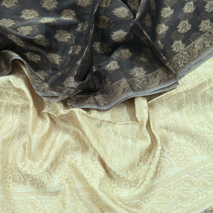 Indian Vintage Dupatta Gray & Ivory Long Stole Artificial Silk Woven Brocade Scarves Veil Scarf Wrap Hippie Boho Soft Floral