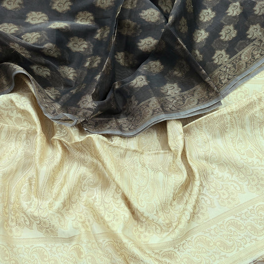 Indian Vintage Dupatta Gray & Ivory Long Stole Artificial Silk Woven Brocade Scarves Veil Scarf Wrap Hippie Boho Soft Floral