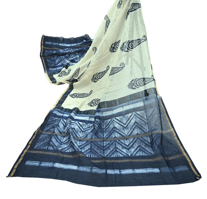 Indian Vintage Blue & Ivory Dupatta Long Stole Hand Block Print Pure Chanderi Silk Scarves Veil Golden Zari