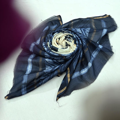 Indian Vintage Blue & Ivory Dupatta Long Stole Hand Block Print Pure Chanderi Silk Scarves Veil Golden Zari