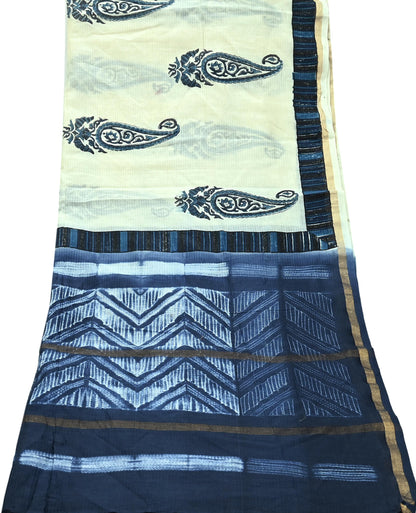 Indian Vintage Blue & Ivory Dupatta Long Stole Hand Block Print Pure Chanderi Silk Scarves Veil Golden Zari