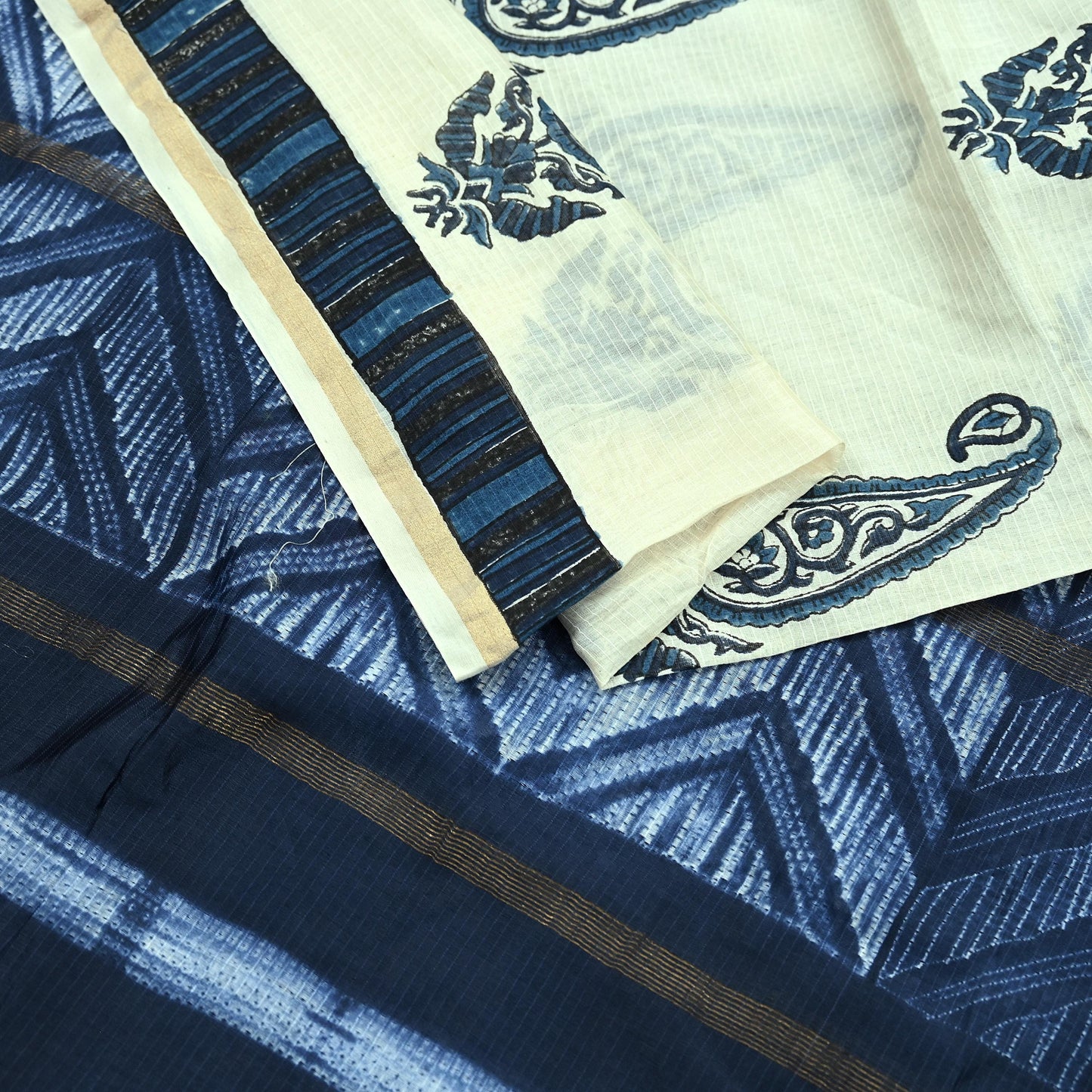 Indian Vintage Blue & Ivory Dupatta Long Stole Hand Block Print Pure Chanderi Silk Scarves Veil Golden Zari