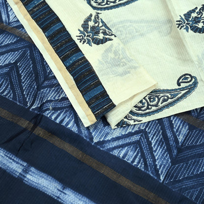 Indian Vintage Blue & Ivory Dupatta Long Stole Hand Block Print Pure Chanderi Silk Scarves Veil Golden Zari