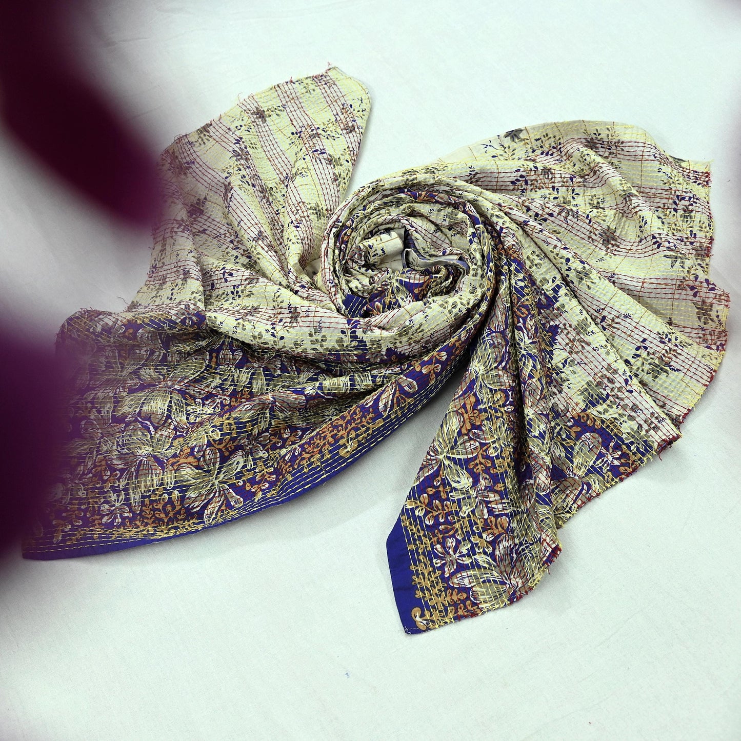Indian Vintage Dupatta Purple & Ivory Long Stole Pure Cotton Printed Hand Embroidered Kantha Scarves Veil Scarf Wrap For Women's