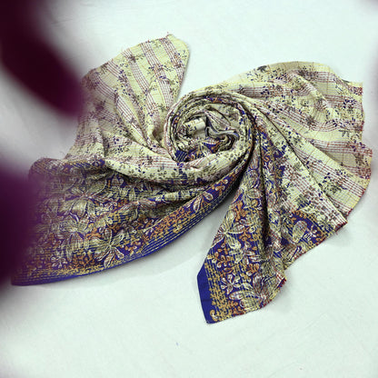 Indian Vintage Dupatta Purple & Ivory Long Stole Pure Cotton Printed Hand Embroidered Kantha Scarves Veil Scarf Wrap For Women's