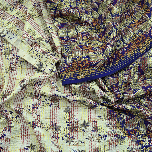 Indian Vintage Dupatta Purple & Ivory Long Stole Pure Cotton Printed Hand Embroidered Kantha Scarves Veil Scarf Wrap For Women's
