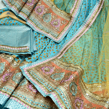 Indian Pre-owned Blue & Yellow Pure Silk Net/Mesh Hand Embroidered Lehenga 3pcs Set Bridal Party Wear With Blouse/Dupatta Bollywood Lehenga