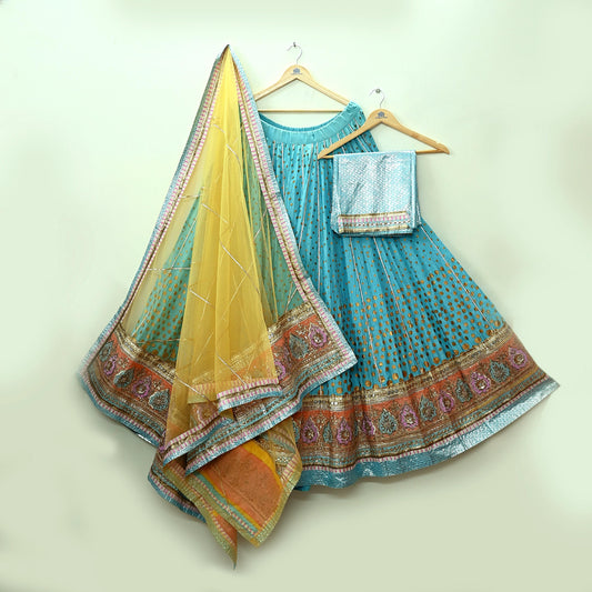 Indian Pre-owned Blue & Yellow Pure Silk Net/Mesh Hand Embroidered Lehenga 3pcs Set Bridal Party Wear With Blouse/Dupatta Bollywood Lehenga