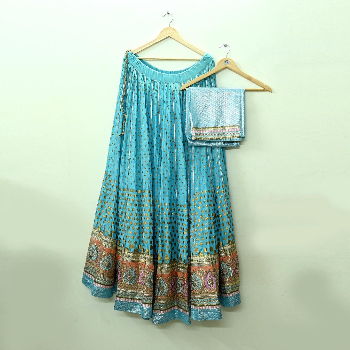Indian Pre-owned Blue & Yellow Pure Silk Net/Mesh Hand Embroidered Lehenga 3pcs Set Bridal Party Wear With Blouse/Dupatta Bollywood Lehenga