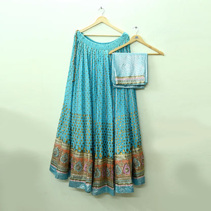Indian Pre-owned Blue & Yellow Pure Silk Net/Mesh Hand Embroidered Lehenga 3pcs Set Bridal Party Wear With Blouse/Dupatta Bollywood Lehenga