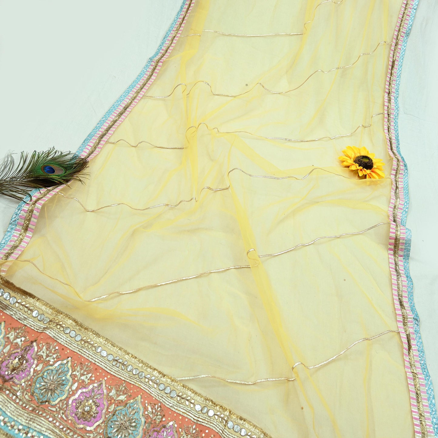 Indian Vintage Heavy Bridal Dupatta Yellow Net Mesh Long Stole Hand Embroidered Scarves Golden Gota Patti Wedding/Party Wear