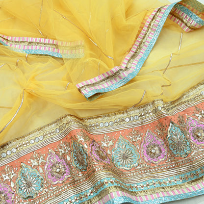 Indian Vintage Heavy Bridal Dupatta Yellow Net Mesh Long Stole Hand Embroidered Scarves Golden Gota Patti Wedding/Party Wear
