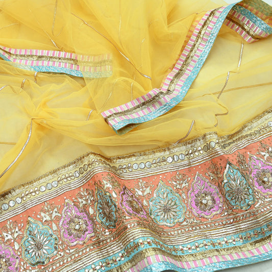 Indian Vintage Heavy Bridal Dupatta Yellow Net Mesh Long Stole Hand Embroidered Scarves Golden Gota Patti Wedding/Party Wear