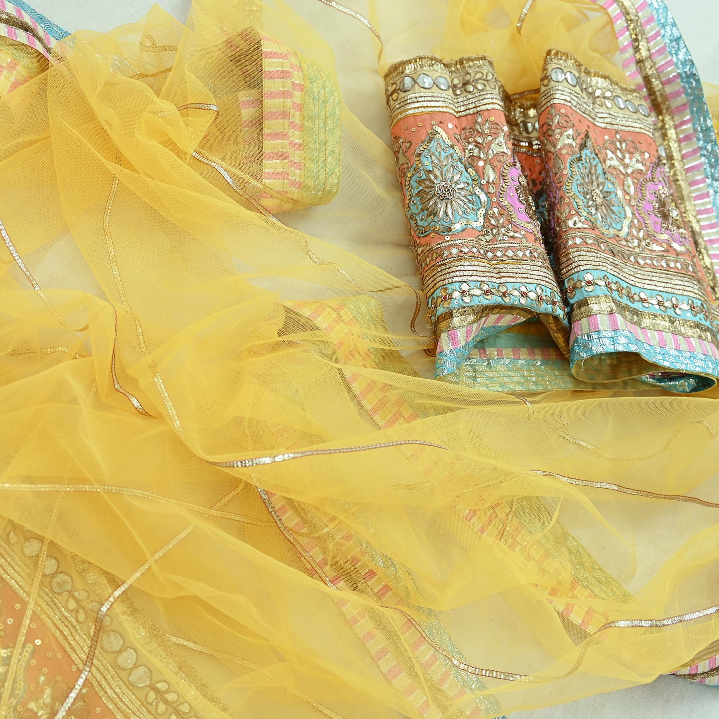 Indian Vintage Heavy Bridal Dupatta Yellow Net Mesh Long Stole Hand Embroidered Scarves Golden Gota Patti Wedding/Party Wear