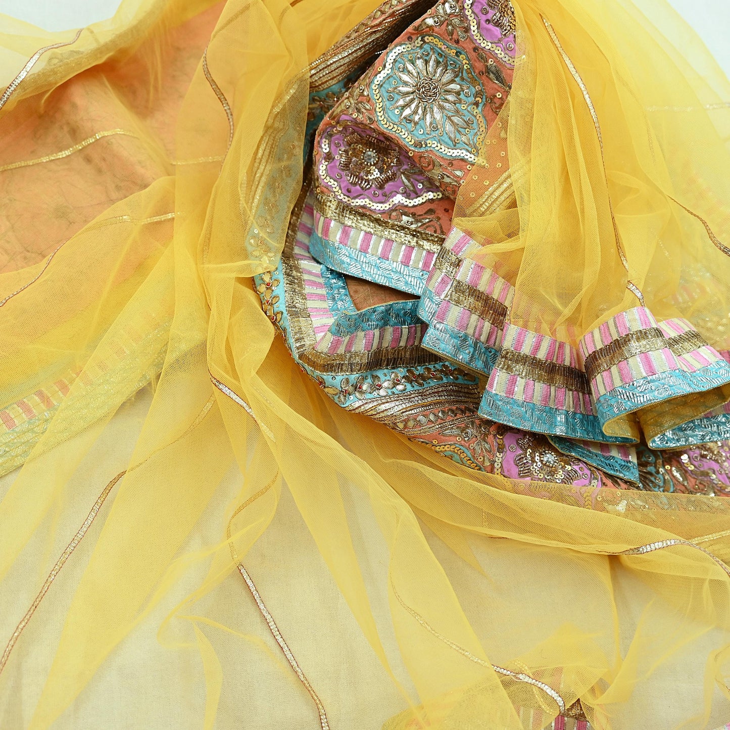 Indian Vintage Heavy Bridal Dupatta Yellow Net Mesh Long Stole Hand Embroidered Scarves Golden Gota Patti Wedding/Party Wear