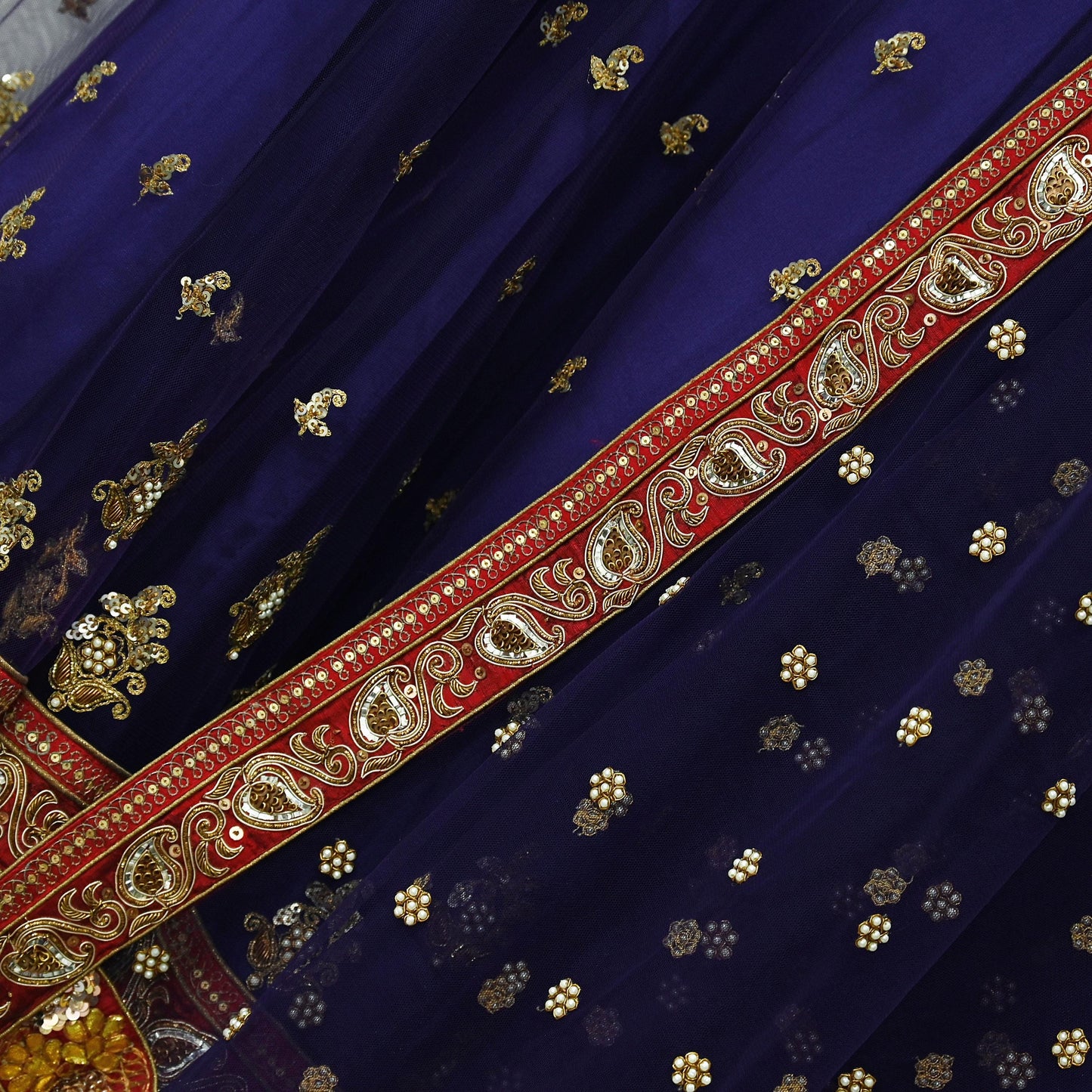 Indian Vintage Purple Net/Mesh Hand Embroidered Lehenga 3pcs Set Bridal Party Wear With Blouse/Dupatta Bollywood Lehenga Zardozi/ Dabka