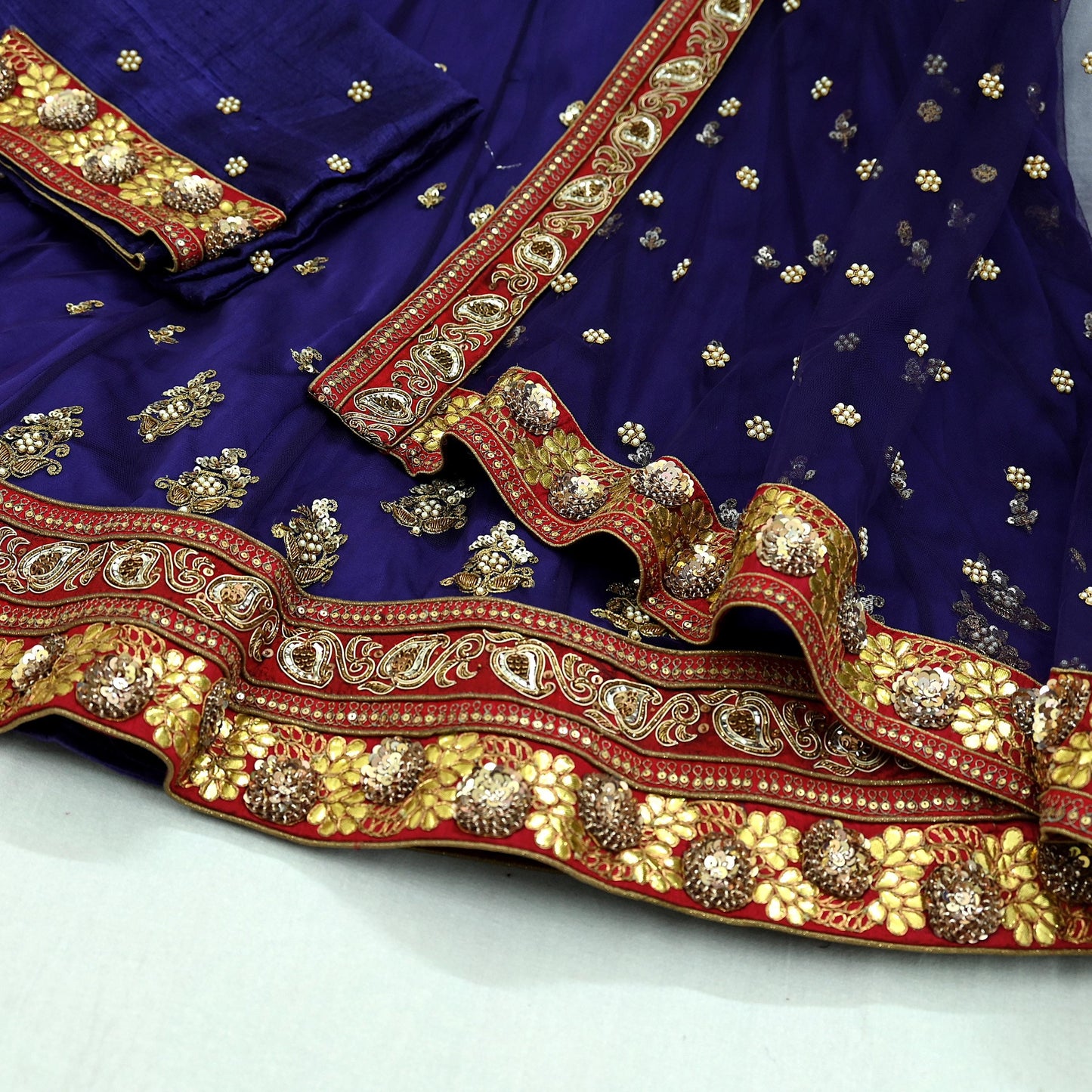 Indian Vintage Purple Net/Mesh Hand Embroidered Lehenga 3pcs Set Bridal Party Wear With Blouse/Dupatta Bollywood Lehenga Zardozi/ Dabka