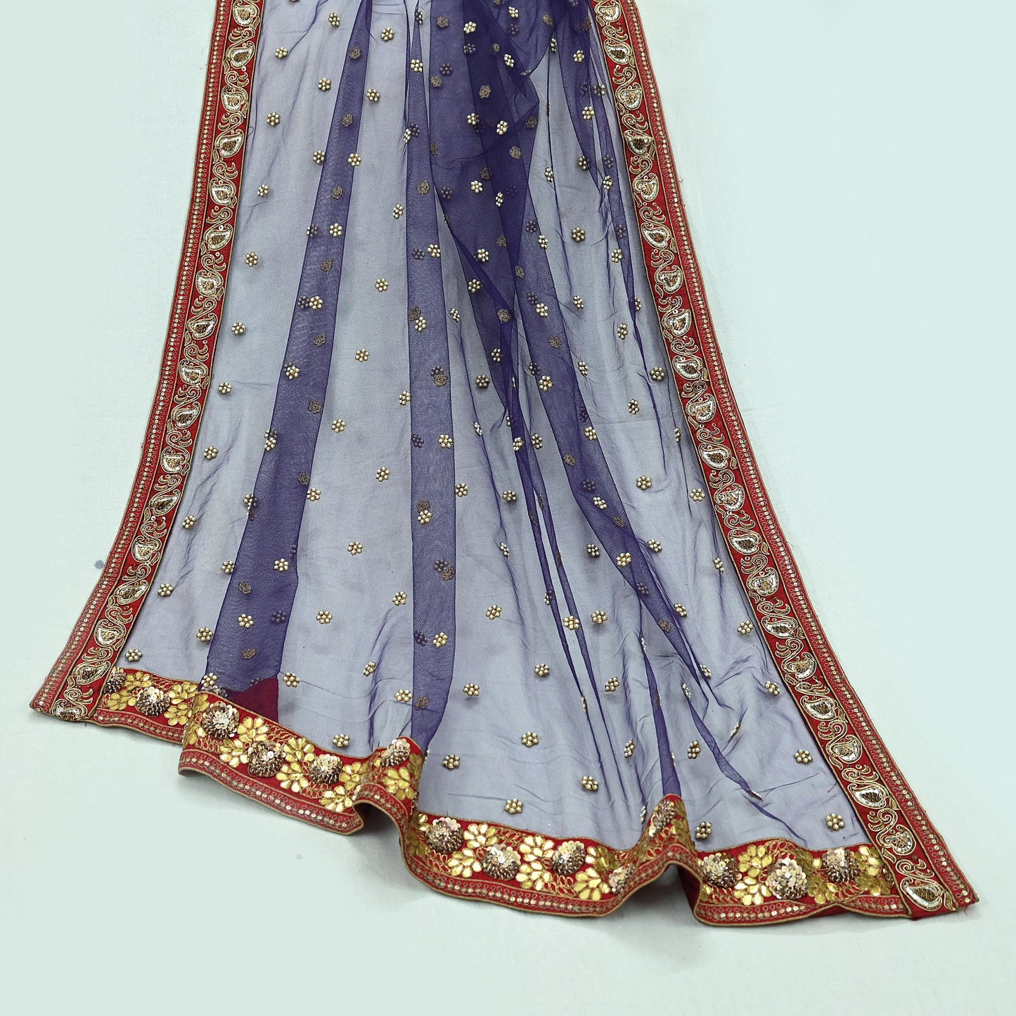 Indian Vintage Heavy Bridal Dupatta Purple Net Mesh Long Stole Hand Embroidered Scarves Golden Gota Patti Wedding/Party Wear