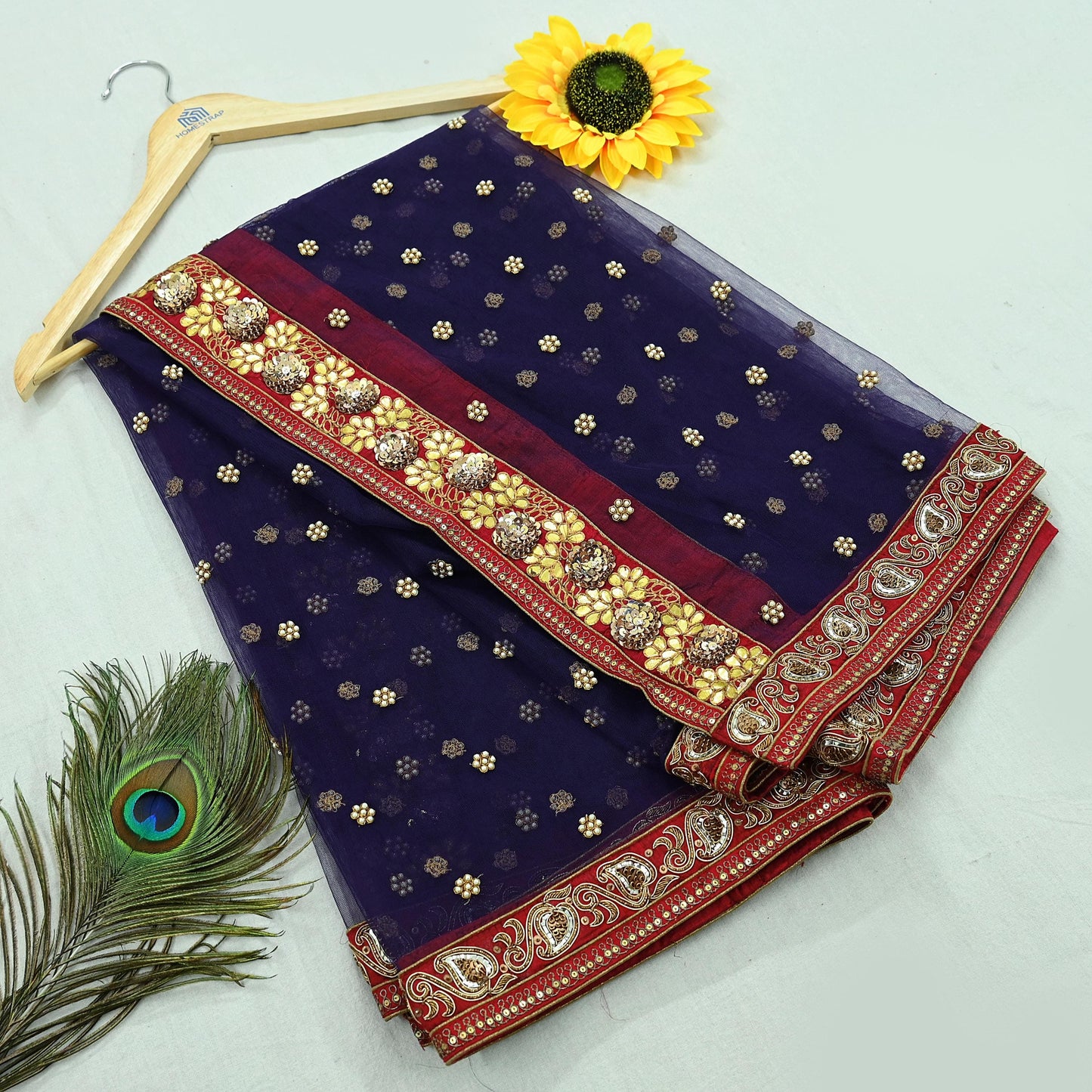 Indian Vintage Heavy Bridal Dupatta Purple Net Mesh Long Stole Hand Embroidered Scarves Golden Gota Patti Wedding/Party Wear