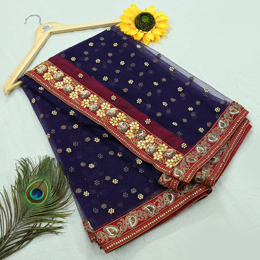 Indian Vintage Heavy Bridal Dupatta Purple Net Mesh Long Stole Hand Embroidered Scarves Golden Gota Patti Wedding/Party Wear