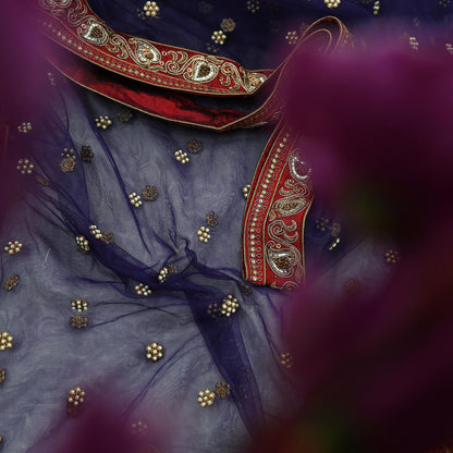 Indian Vintage Heavy Bridal Dupatta Purple Net Mesh Long Stole Hand Embroidered Scarves Golden Gota Patti Wedding/Party Wear