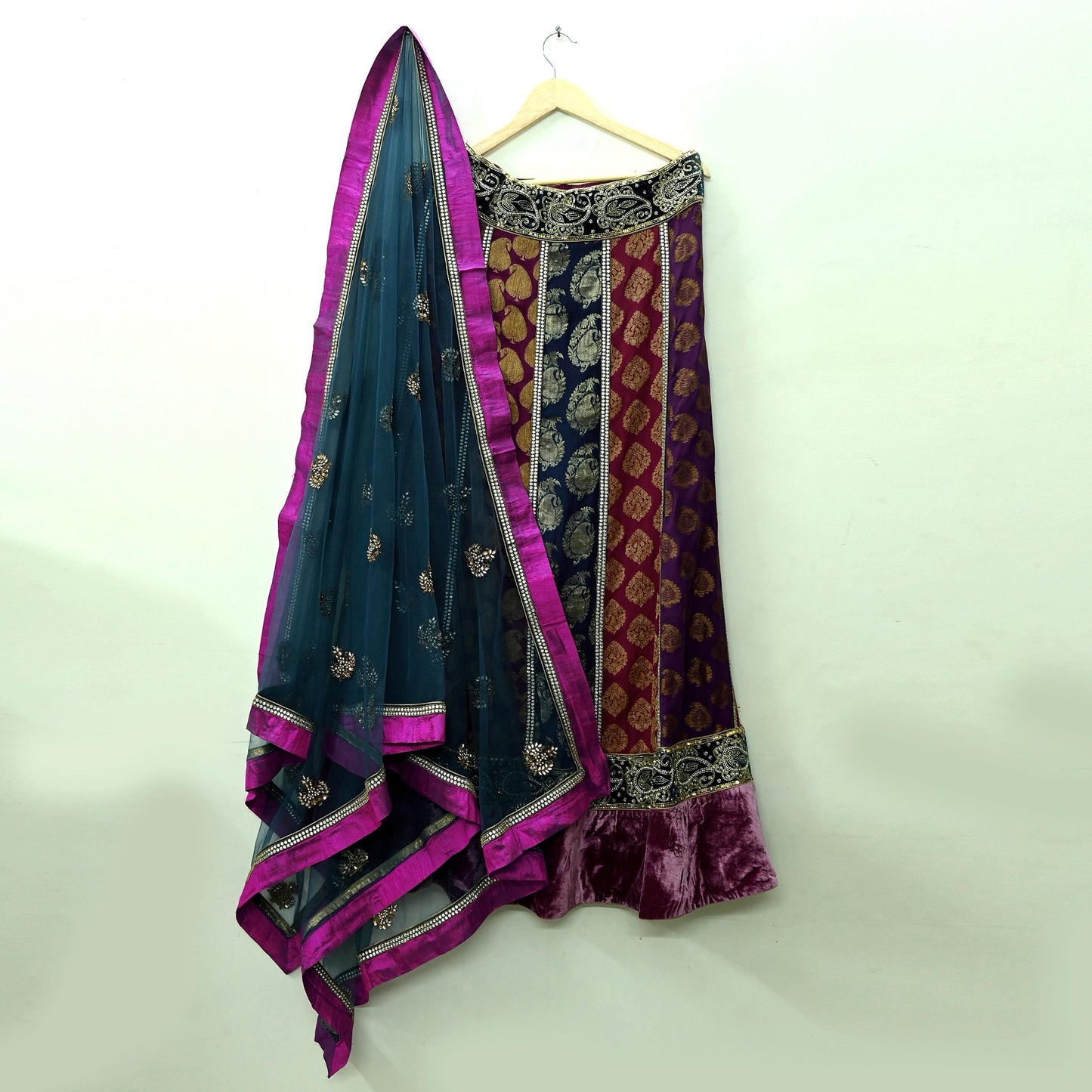 Indian Vintage Multi Pure Georgette Silk Net/Mesh Hand Embroidered Lehenga 3pcs Set Bridal Party Wear With Blouse/Dupatta Bollywood Lehenga