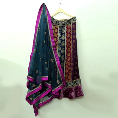 Indian Vintage Multi Pure Georgette Silk Net/Mesh Hand Embroidered Lehenga 3pcs Set Bridal Party Wear With Blouse/Dupatta Bollywood Lehenga