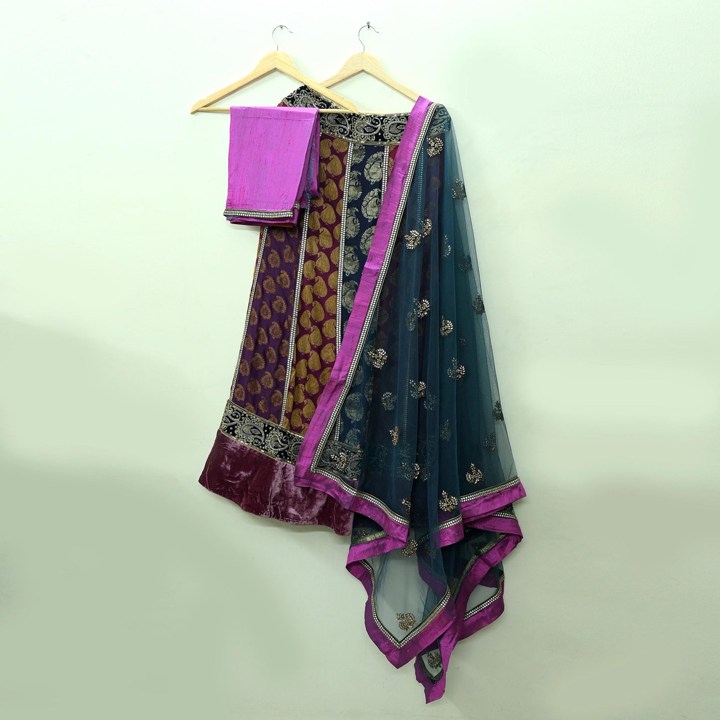 Indian Vintage Multi Pure Georgette Silk Net/Mesh Hand Embroidered Lehenga 3pcs Set Bridal Party Wear With Blouse/Dupatta Bollywood Lehenga