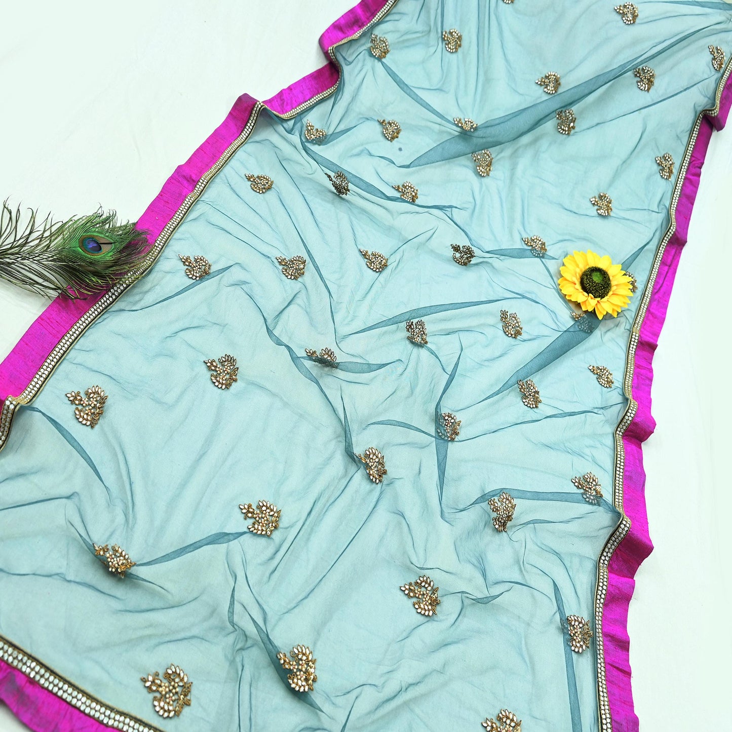 Indian Vintage Heavy Bridal Dupatta Green Net Mesh Long Stole Hand Embroidered Scarves  Patti Wedding/Party Wear