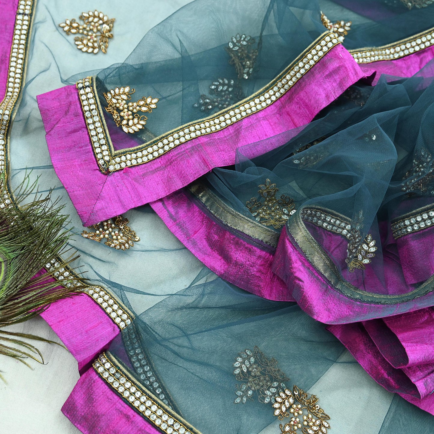 Indian Vintage Heavy Bridal Dupatta Green Net Mesh Long Stole Hand Embroidered Scarves  Patti Wedding/Party Wear