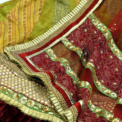 Indian Vintage Multi Pure Chanderi Silk Net/Mesh Hand Embroidered Brocade Lehenga/Dupatta 2pcs Set Bridal Party Wear Bollywood Lehenga