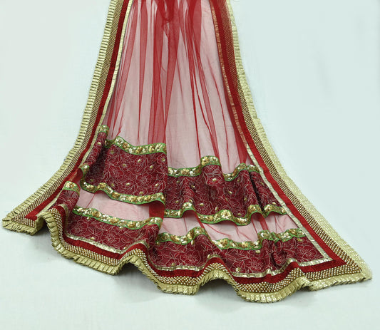 Indian Vintage Heavy Bridal Dupatta Maroon Net Mesh Long Stole Hand Embroidered Scarves Zardozi/ Dabka Wedding/Party Wear