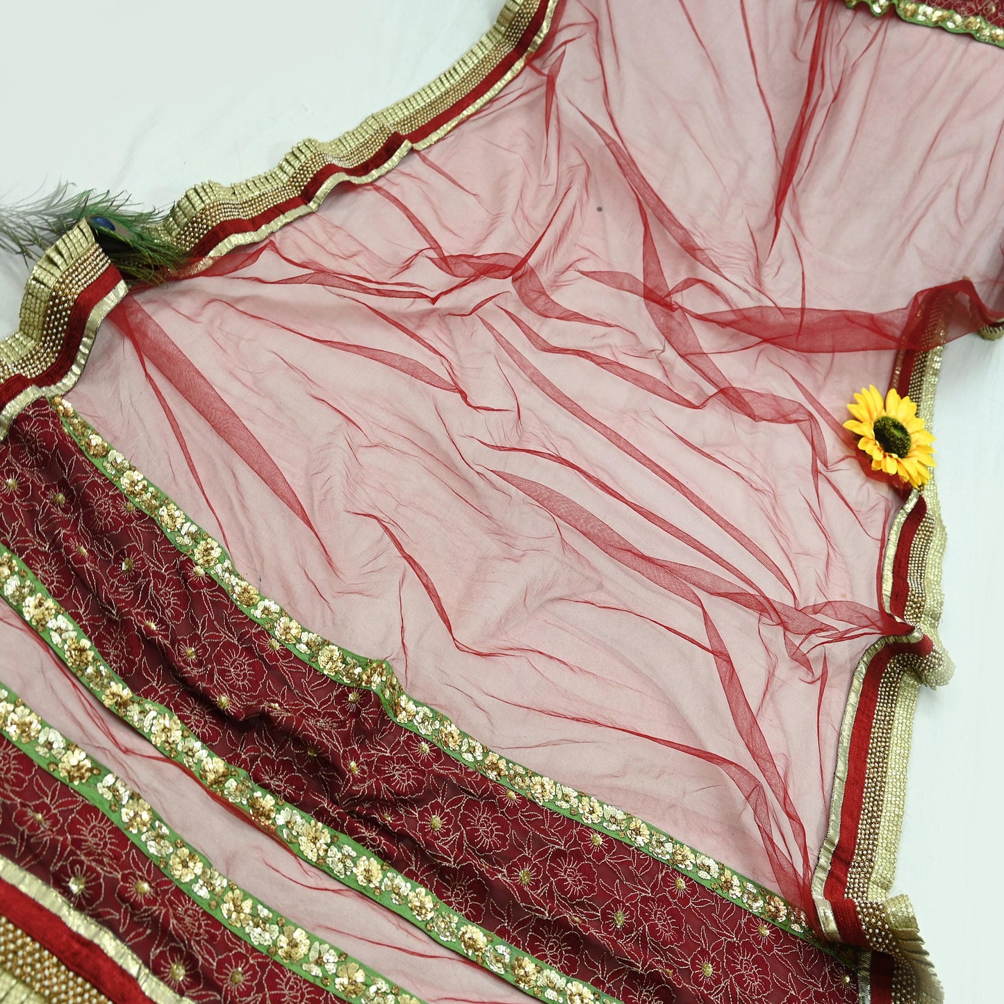 Indian Vintage Heavy Bridal Dupatta Maroon Net Mesh Long Stole Hand Embroidered Scarves Zardozi/ Dabka Wedding/Party Wear